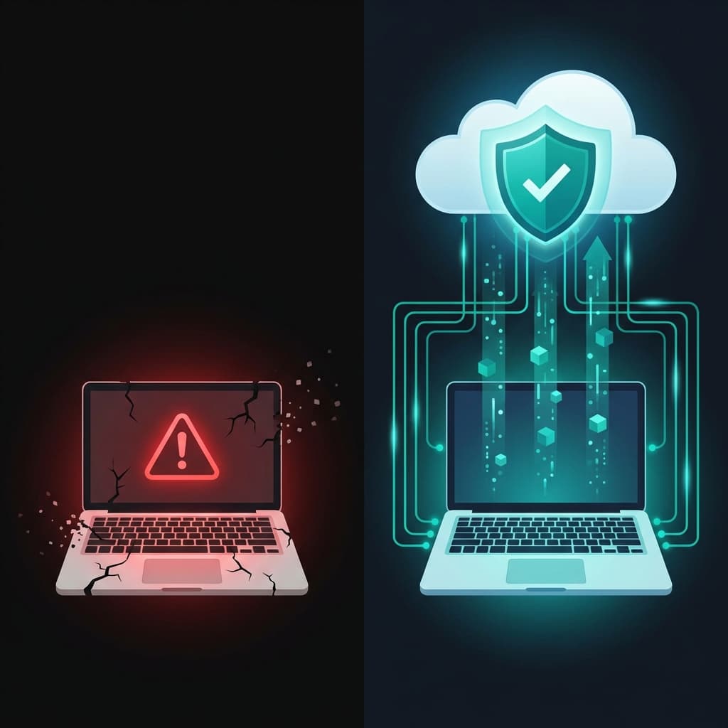 Visual showing laptop safely connected to GitHub cloud storage for backup
