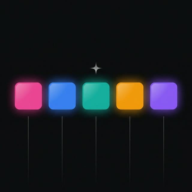 Five glowing color swatches in pink, blue, teal, orange, and purple — representing a cohesive app color palette